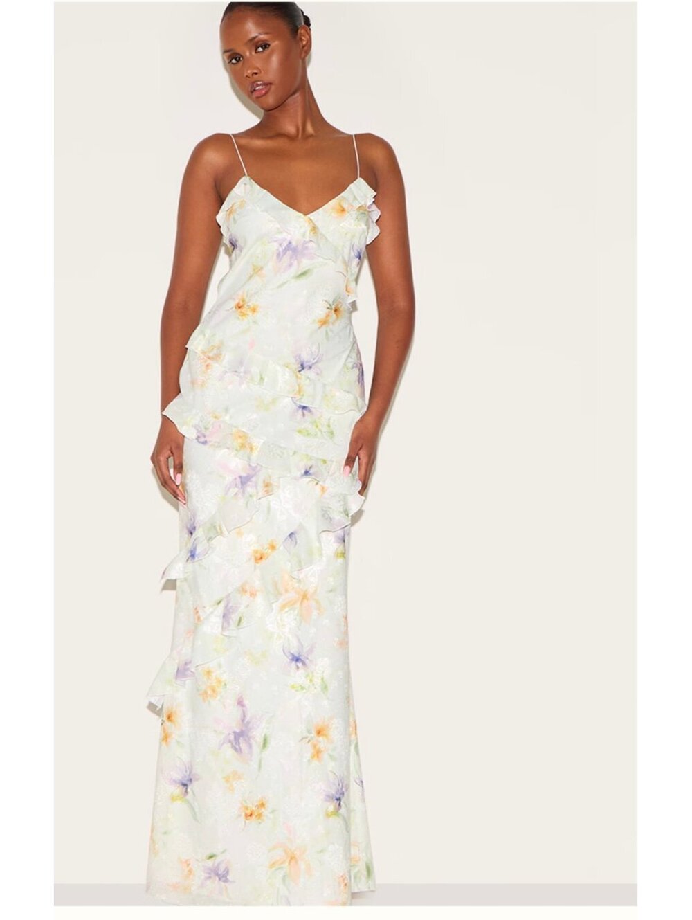 NWT-PRETTY LITTLE THING -LONG WHITE & FLORAL RUFFLED Maxi Dress sz12